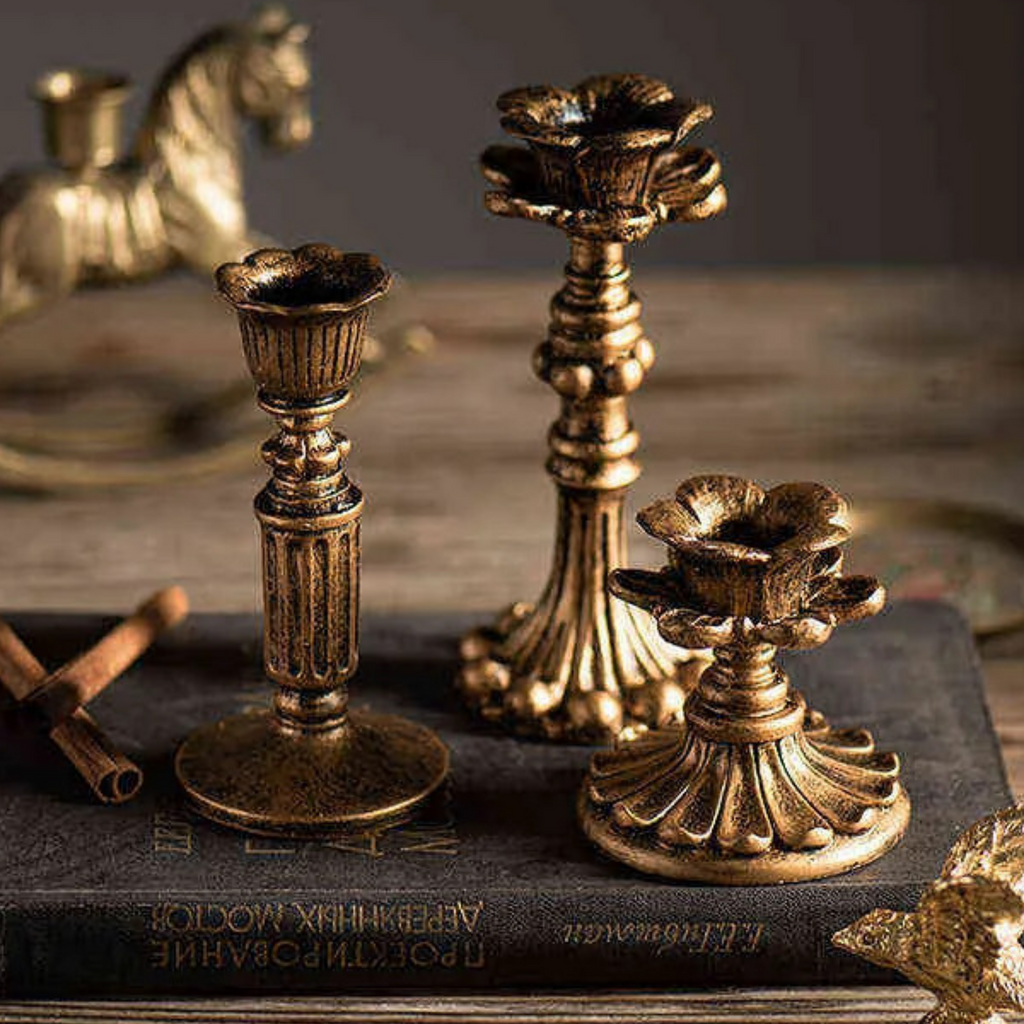 3’lü Gold Şamdanlık Mumluk Fransız Romantik Antik El Sanatı Eskitme Dekorasyon Retro