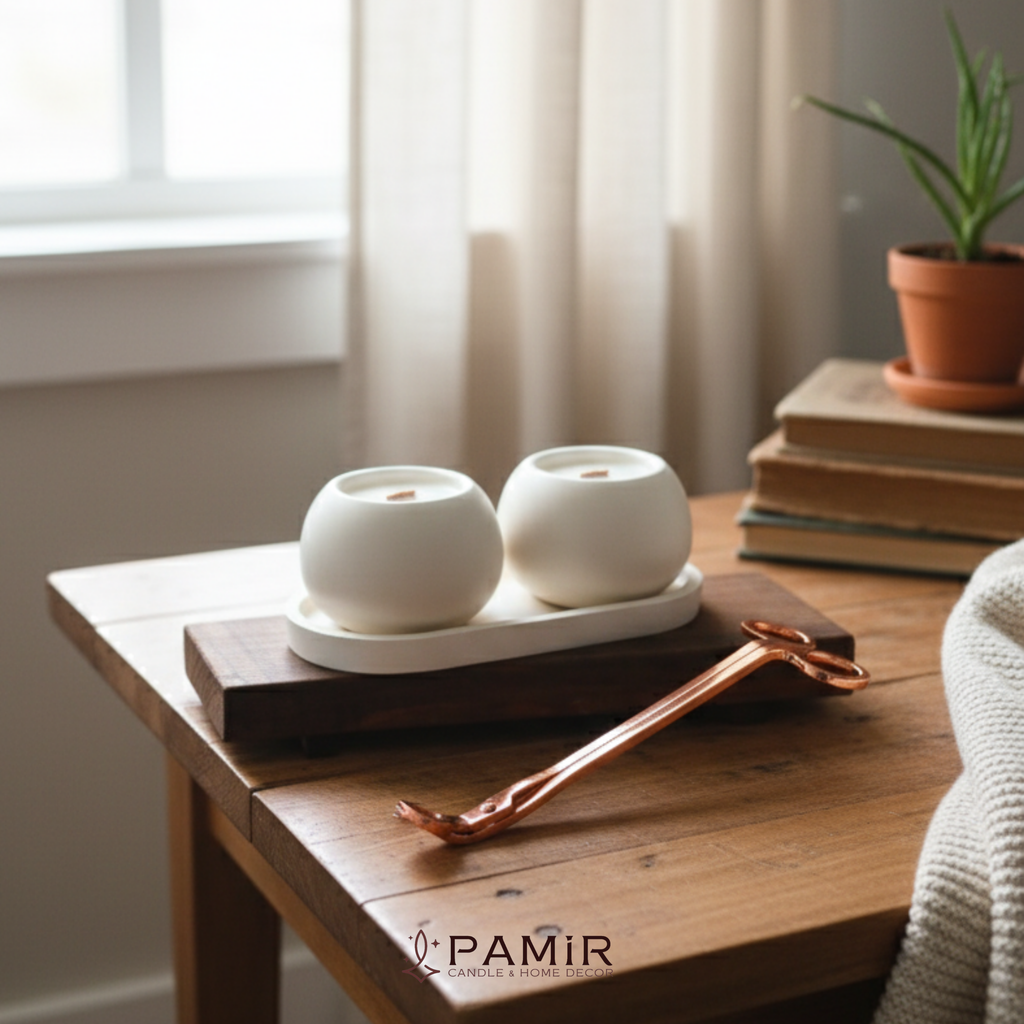 Dekoratif 2'li Vanilya Kokulu Mum Ve Oval Tabak Set