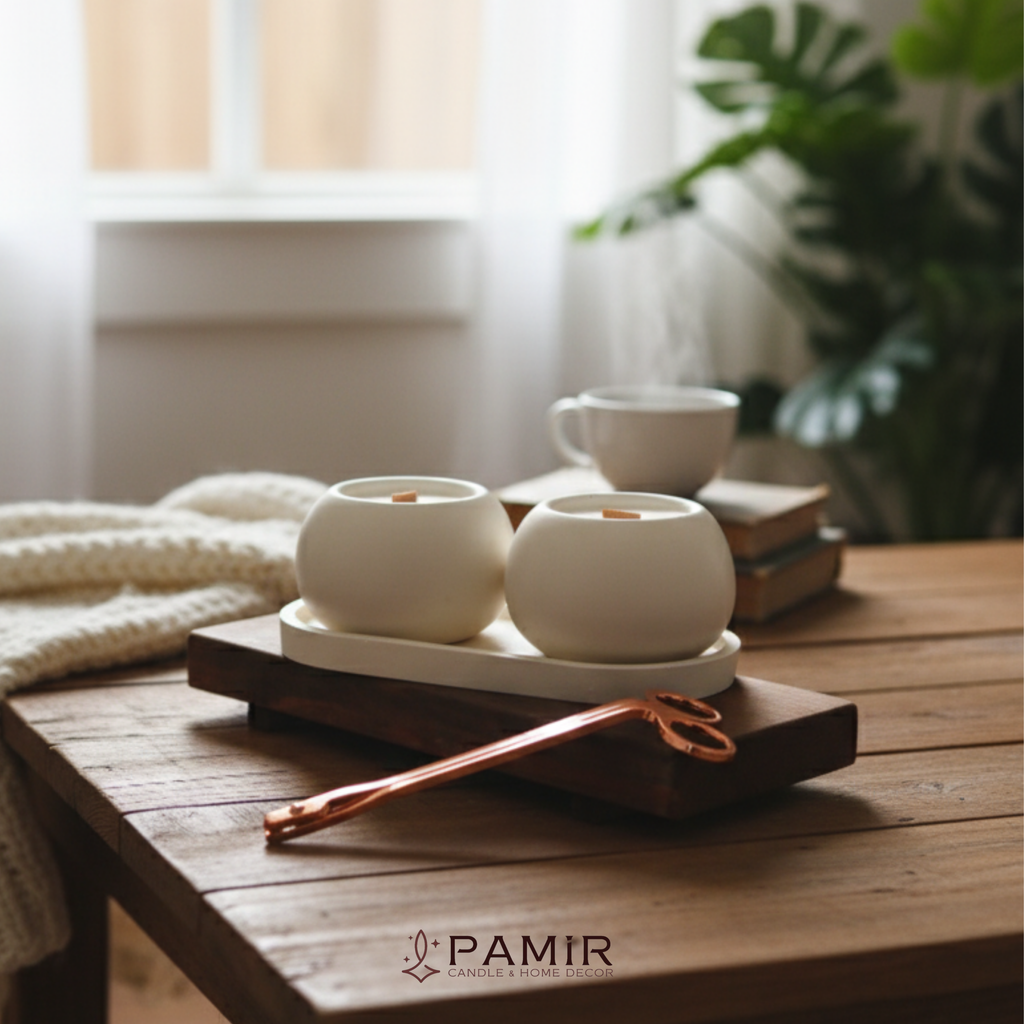 Dekoratif 2'li Vanilya Kokulu Mum Ve Oval Tabak Set