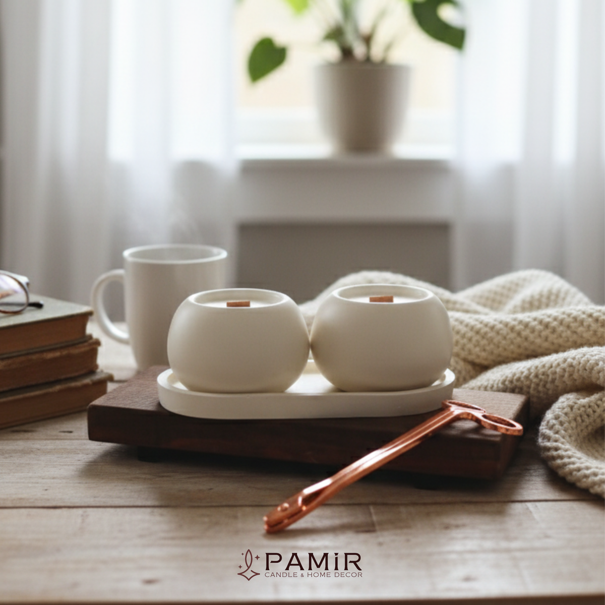Dekoratif 2'li Vanilya Kokulu Mum Ve Oval Tabak Set