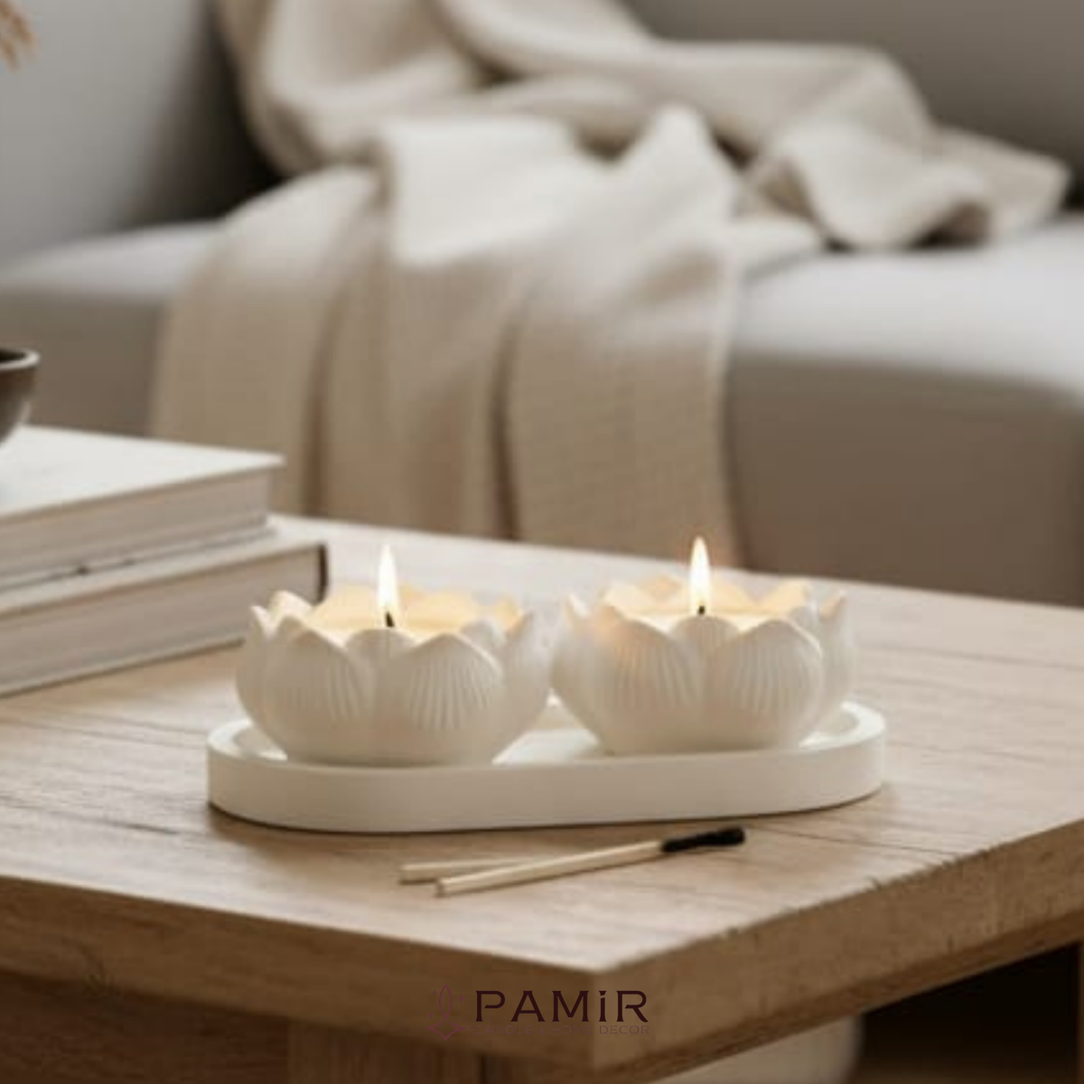 Lotus Çiçeği İkili Taş Mumluk ve Oval Altlık Seti