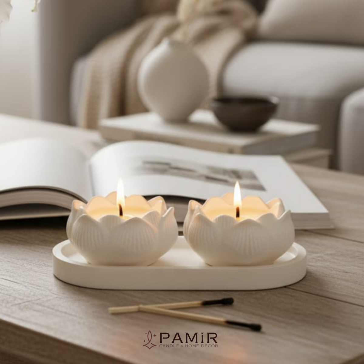 Lotus Çiçeği İkili Taş Mumluk ve Oval Altlık Seti