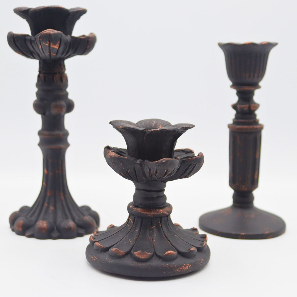 3’lü Bronz Eskitme Şamdanlık Mumluk Fransız Romantik Antik El Sanatı Dekorasyon Retro
