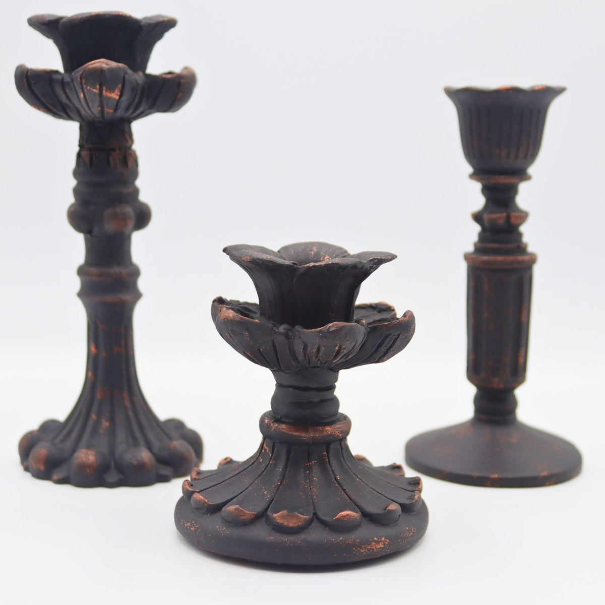 3’lü Bronz Eskitme Şamdanlık Mumluk Fransız Romantik Antik El Sanatı Dekorasyon Retro