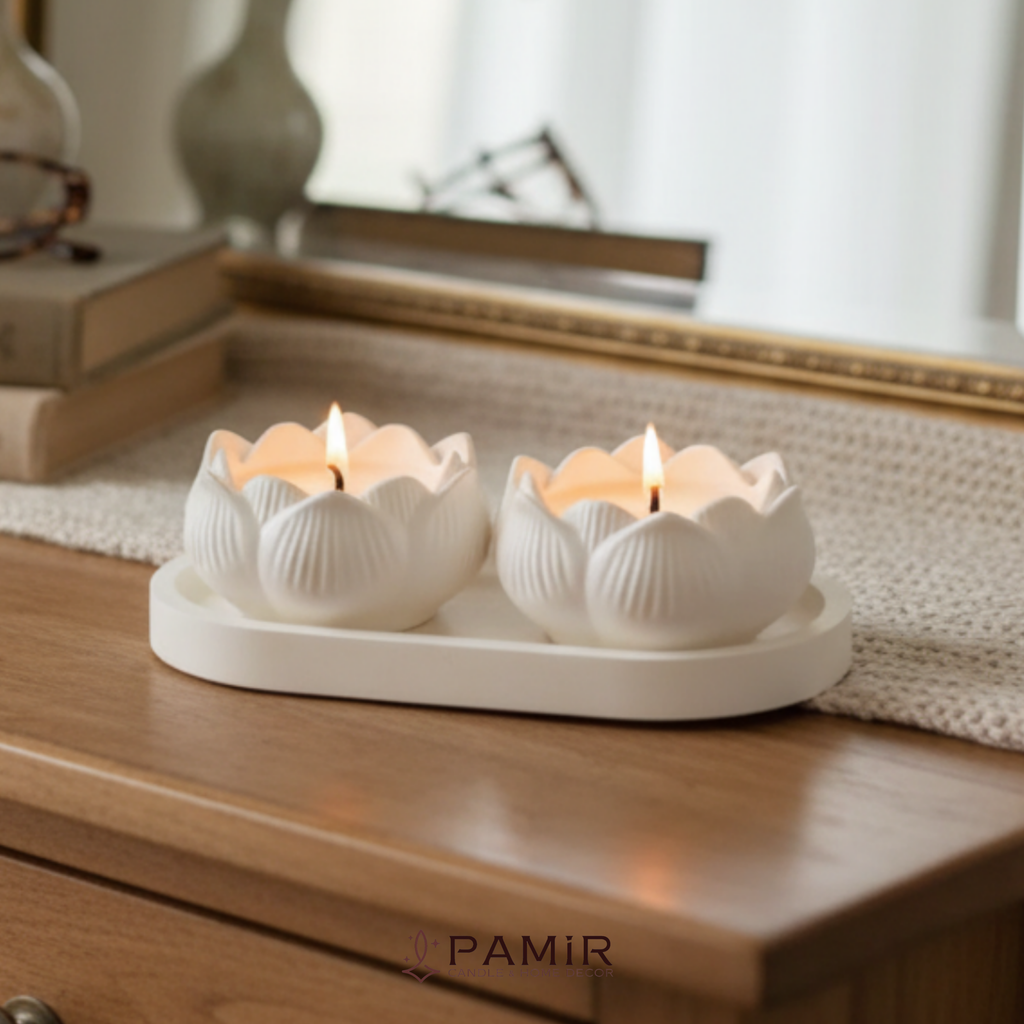 Lotus Çiçeği İkili Taş Mumluk ve Oval Altlık Seti