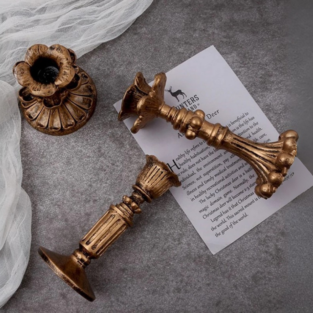 3’lü Gold Şamdanlık Mumluk Fransız Romantik Antik El Sanatı Eskitme Dekorasyon Retro