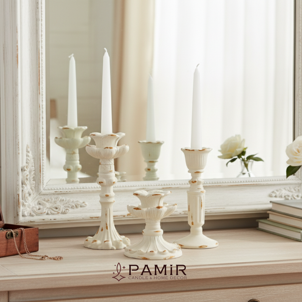 3’lü Gold Beyaz Şamdanlık Mumluk Fransız Romantik Antik El Sanatı Eskitme Dekorasyon Retro