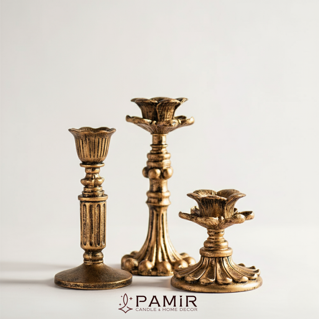 3’lü Gold Şamdanlık Mumluk Fransız Romantik Antik El Sanatı Eskitme Dekorasyon Retro