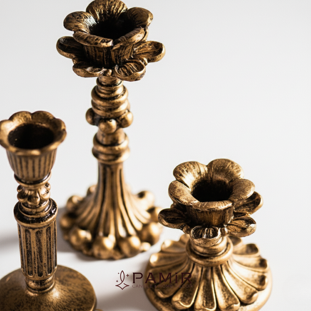 3’lü Gold Şamdanlık Mumluk Fransız Romantik Antik El Sanatı Eskitme Dekorasyon Retro