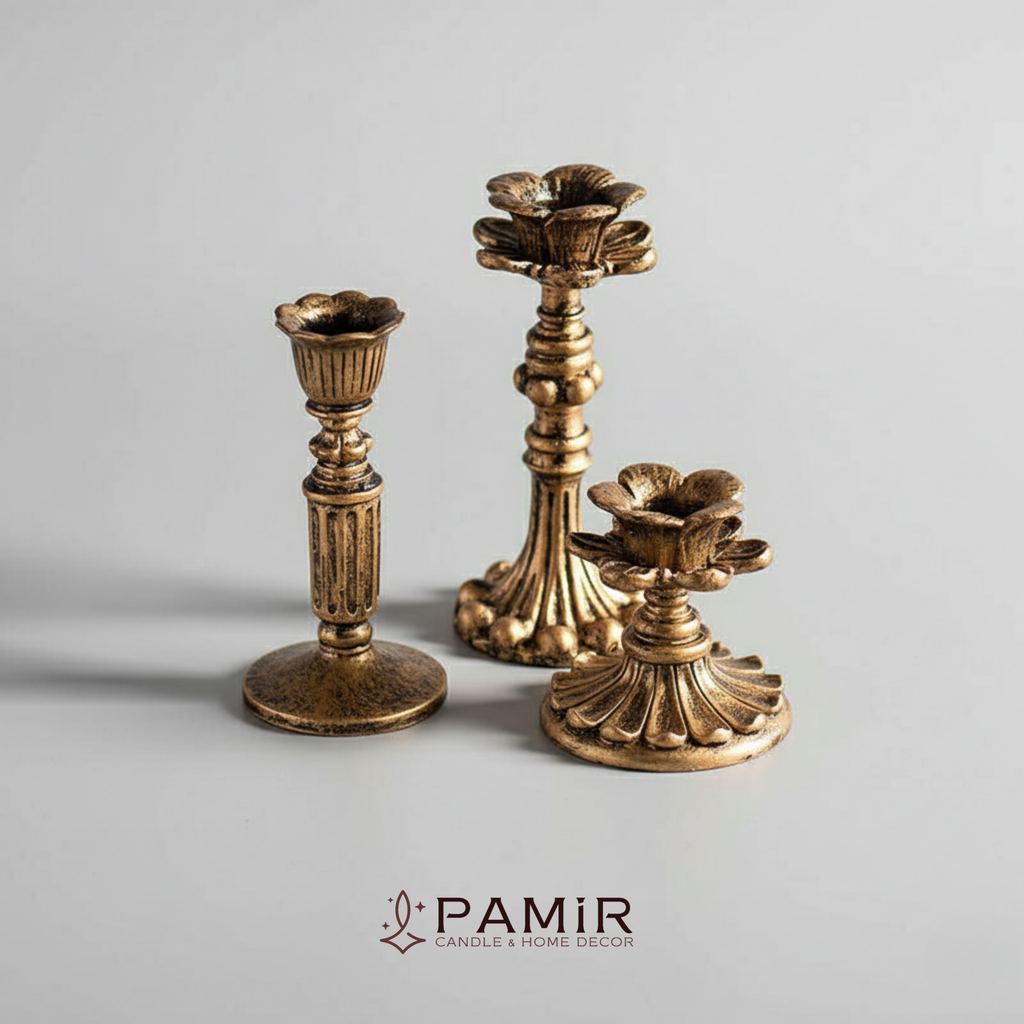 3’lü Gold Şamdanlık Mumluk Fransız Romantik Antik El Sanatı Eskitme Dekorasyon Retro