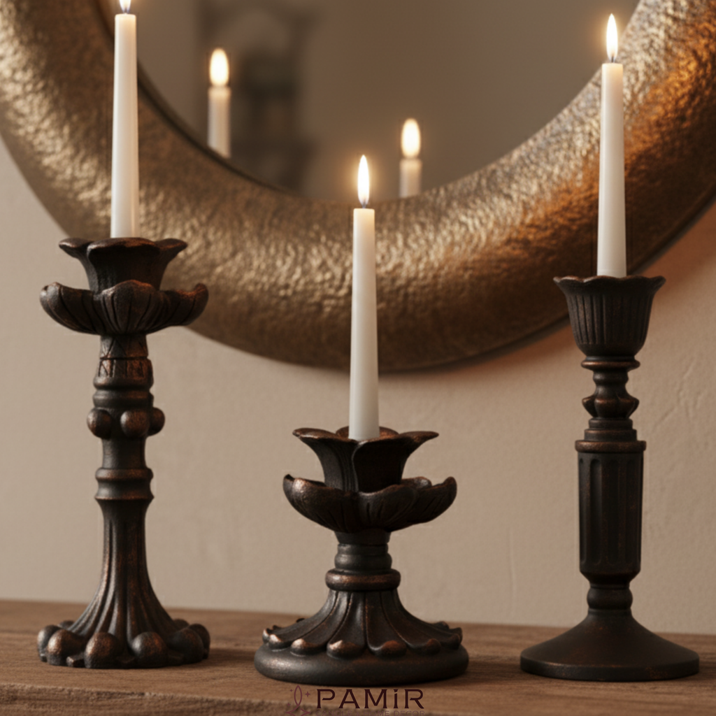 3’lü Bronz Eskitme Şamdanlık Mumluk Fransız Romantik Antik El Sanatı Dekorasyon Retro
