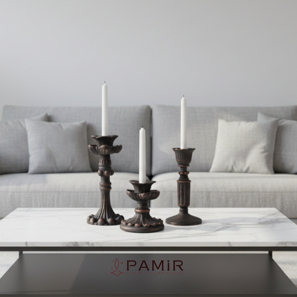 3’lü Bronz Eskitme Şamdanlık Mumluk Fransız Romantik Antik El Sanatı Dekorasyon Retro