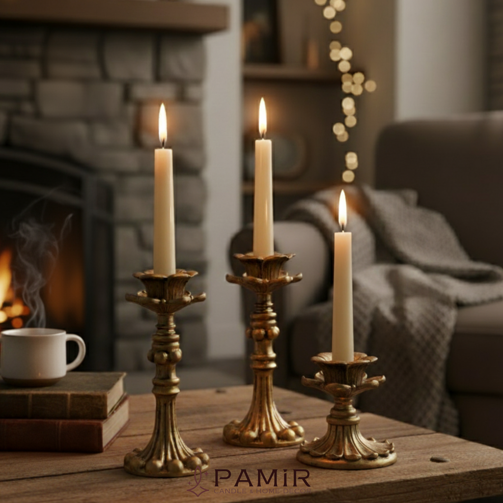 3’lü Gold Şamdanlık Mumluk Fransız Romantik Antik El Sanatı Eskitme Dekorasyon Retro