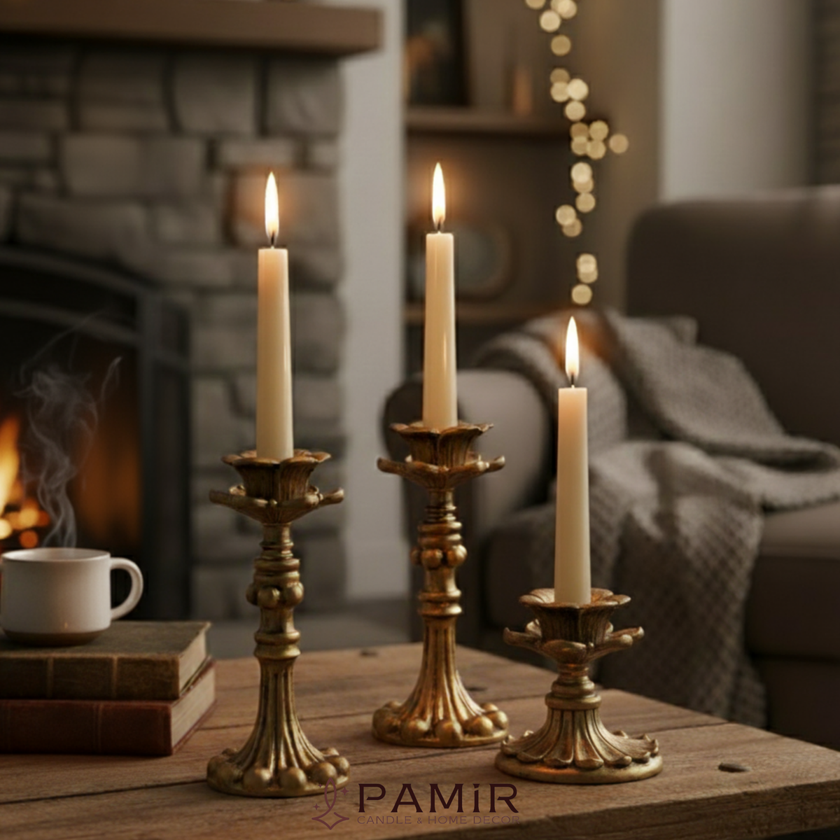3’lü Gold Şamdanlık Mumluk Fransız Romantik Antik El Sanatı Eskitme Dekorasyon Retro