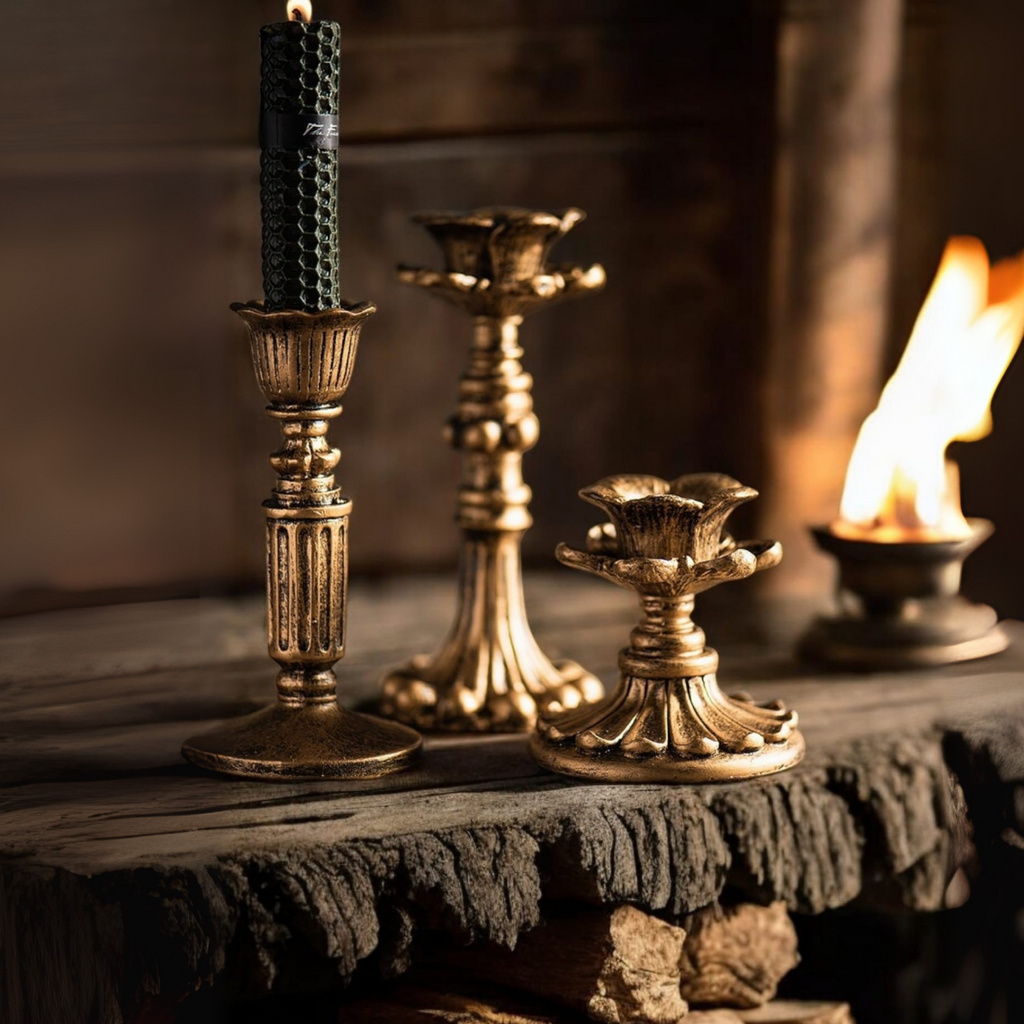 3’lü Gold Şamdanlık Mumluk Fransız Romantik Antik El Sanatı Eskitme Dekorasyon Retro