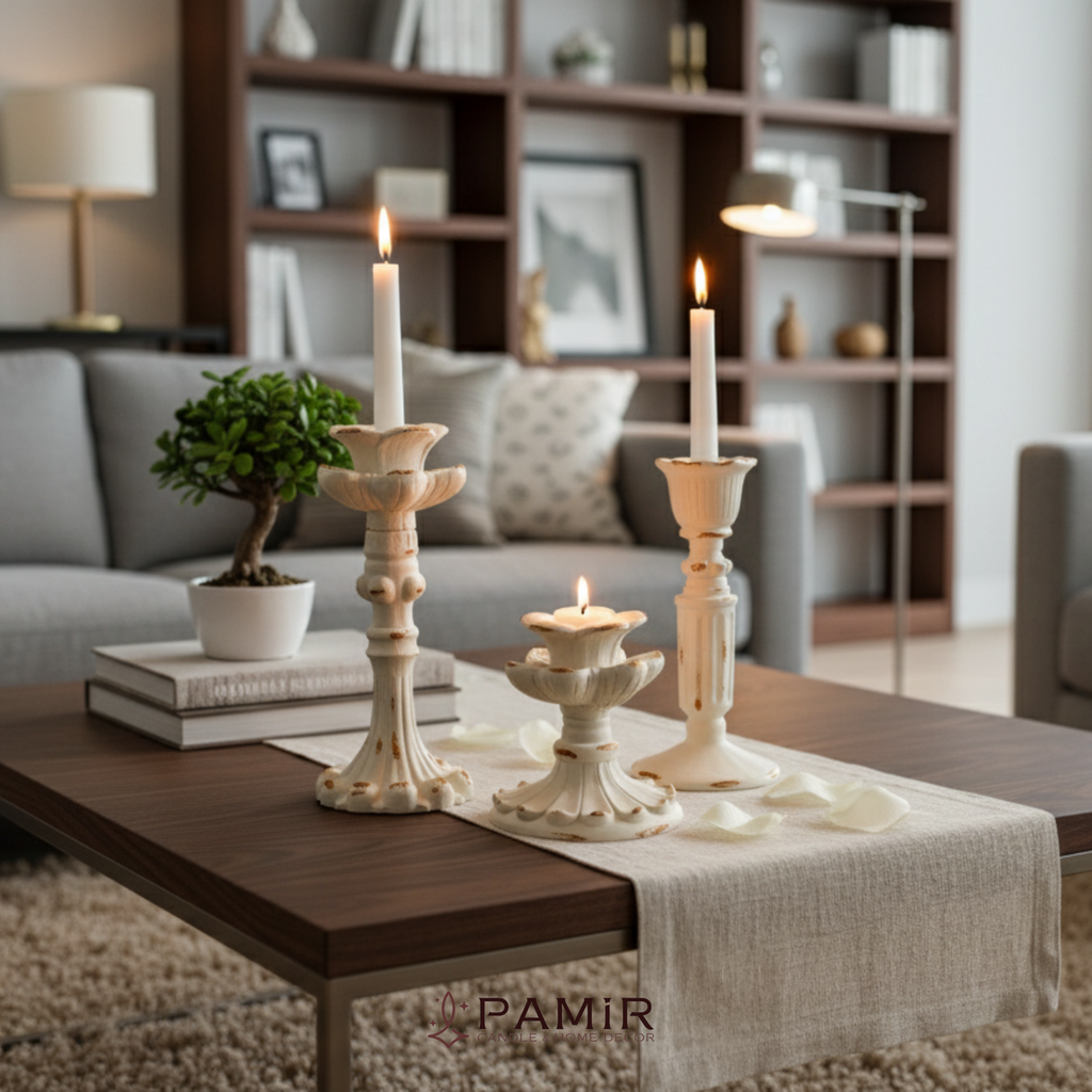 3’lü Gold Beyaz Şamdanlık Mumluk Fransız Romantik Antik El Sanatı Eskitme Dekorasyon Retro