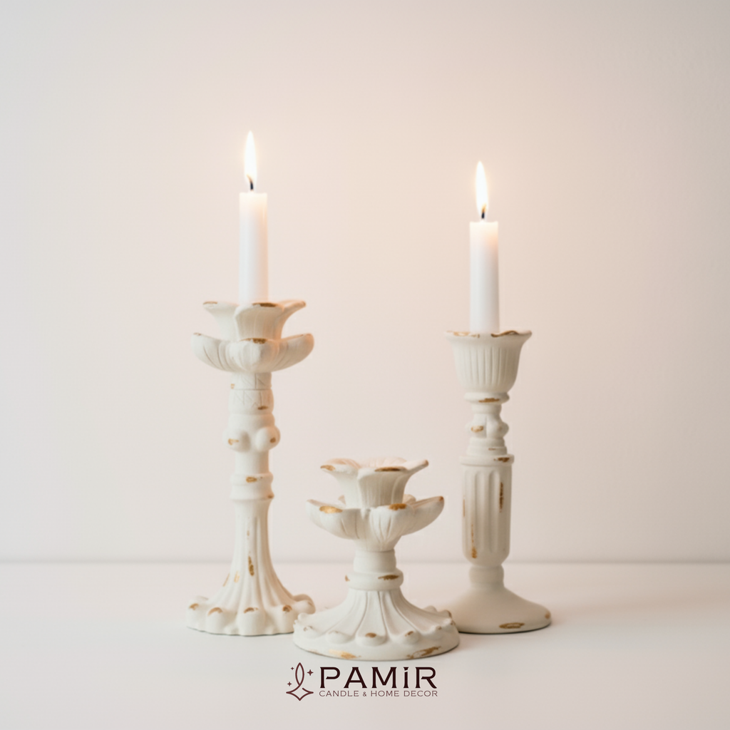 3’lü Gold Beyaz Şamdanlık Mumluk Fransız Romantik Antik El Sanatı Eskitme Dekorasyon Retro