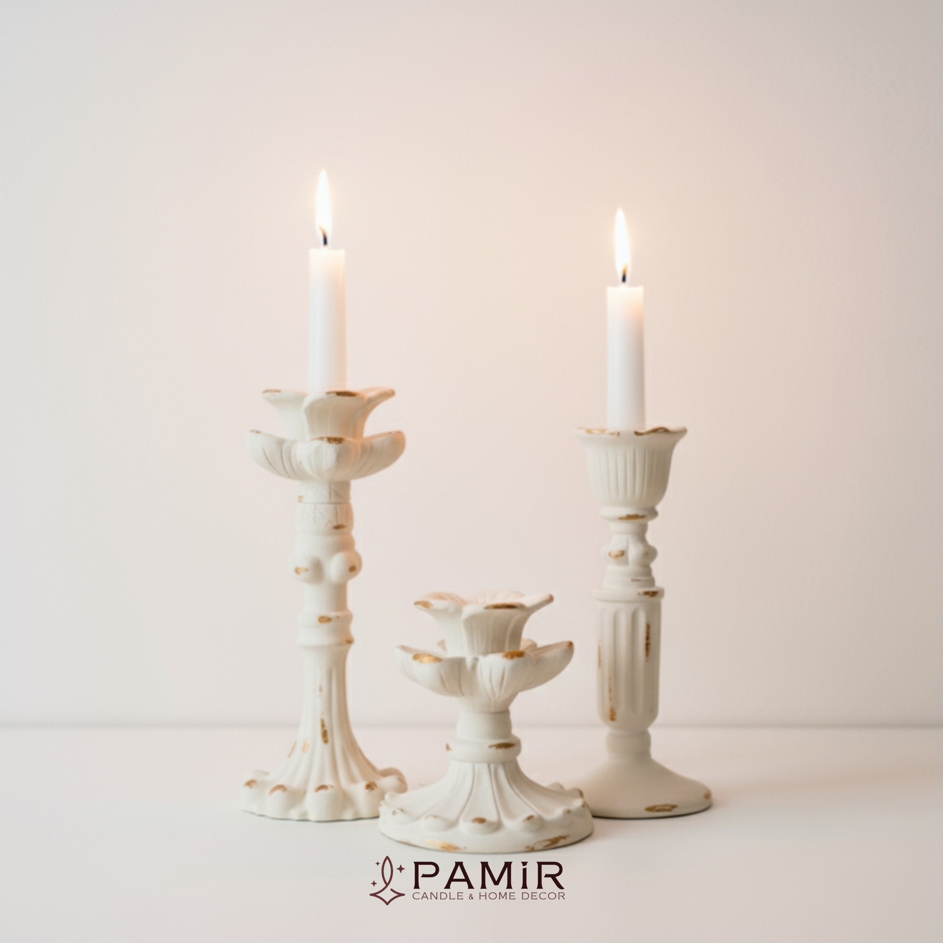 3’lü Gold Beyaz Şamdanlık Mumluk Fransız Romantik Antik El Sanatı Eskitme Dekorasyon Retro