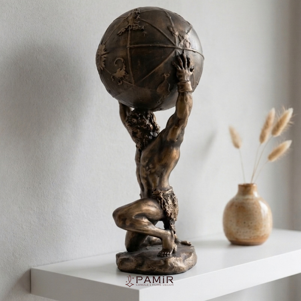 Mitolojik Atlas Figürü – Bronz Görünümlü Ev & Ofis Dekoru Antik Yunan Mitolojisi