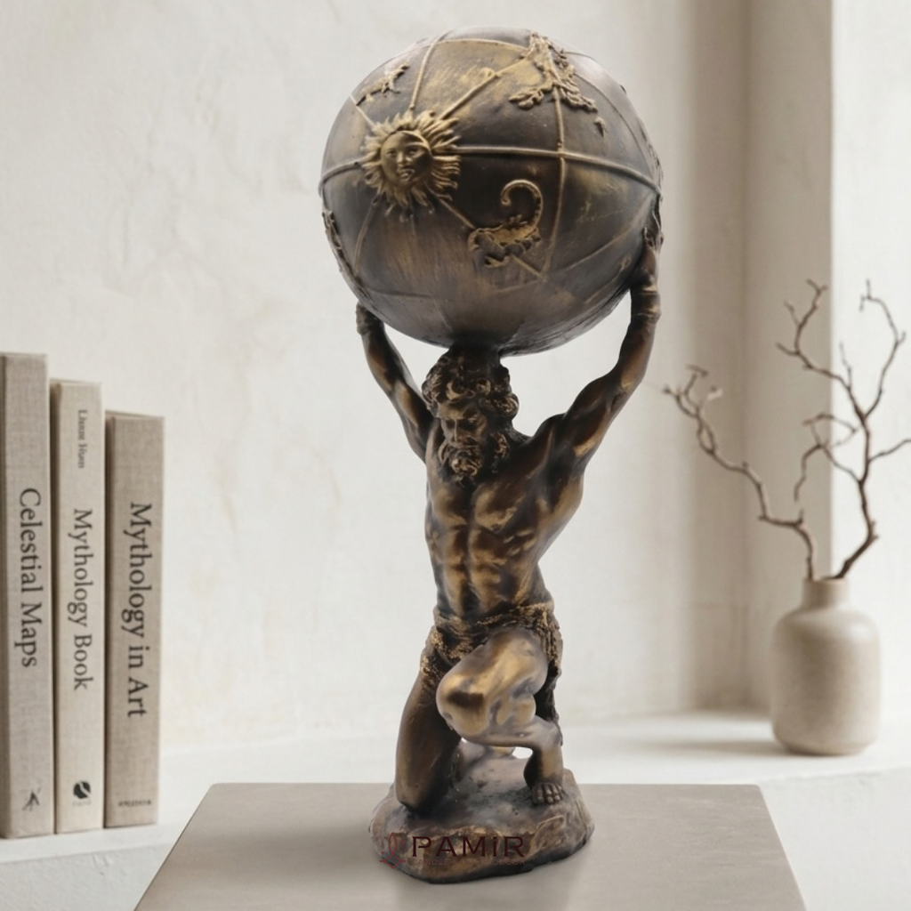 Mitolojik Atlas Figürü – Bronz Görünümlü Ev & Ofis Dekoru Antik Yunan Mitolojisi