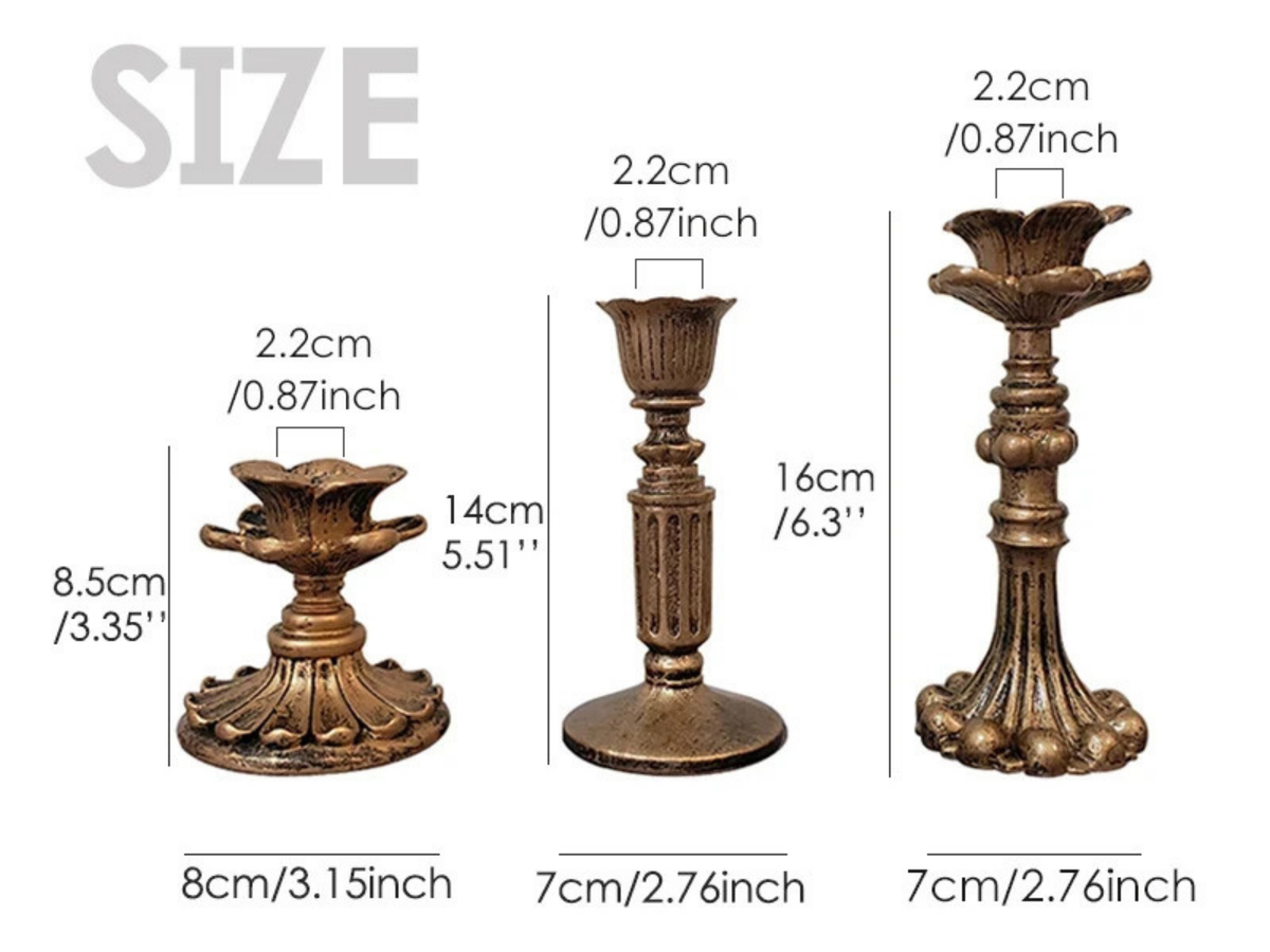 3’lü Gold Şamdanlık Mumluk Fransız Romantik Antik El Sanatı Eskitme Dekorasyon Retro
