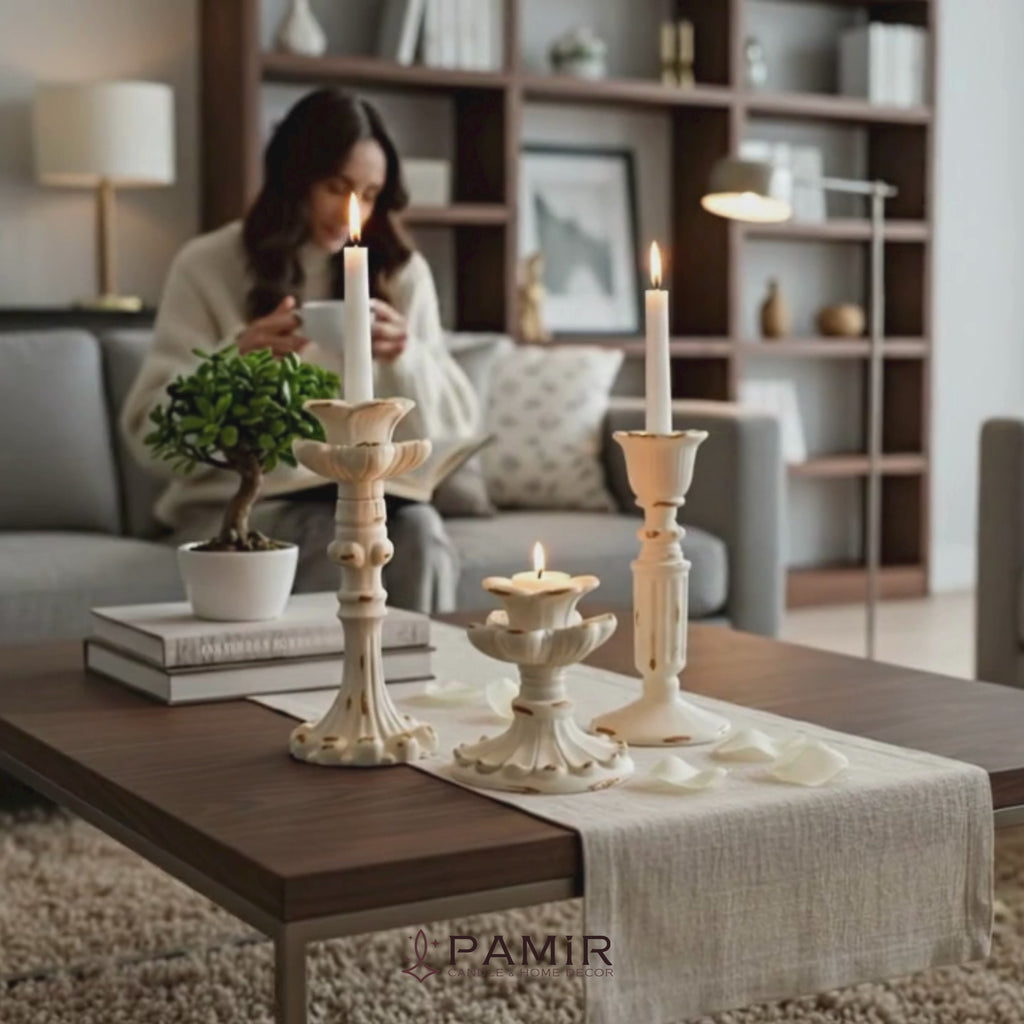 3’lü Gold Beyaz Şamdanlık Mumluk Fransız Romantik Antik El Sanatı Eskitme Dekorasyon Retro